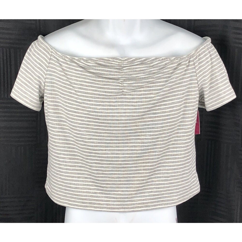 NWT SO Cropped Top Tee L Gray/Wht Stripe Off Shoulder Ruched Y2K Grunge Boho